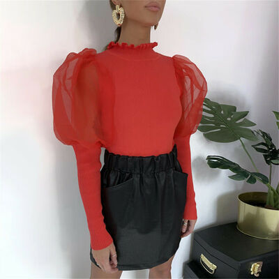

Womens Fashion Sheer Pullover Casual Shirts Mesh Puff Sleeve Blouse Slim Tops