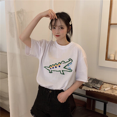 

Women Summer Elegant New Fashion Design Korean Loose Dinosaur Embroidery T-shirt Harajuku Style Half Sleeve Shirt White