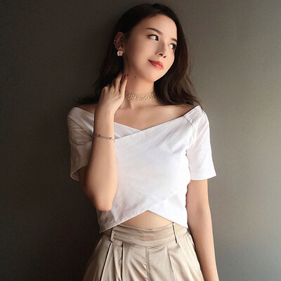

Women Sexy V Neck Short Sleeve T-Shirt Summer Solid Crisscross T Shirt Top Harajuku Cute Casual Slim Basic Lady Tee T Shirts Top