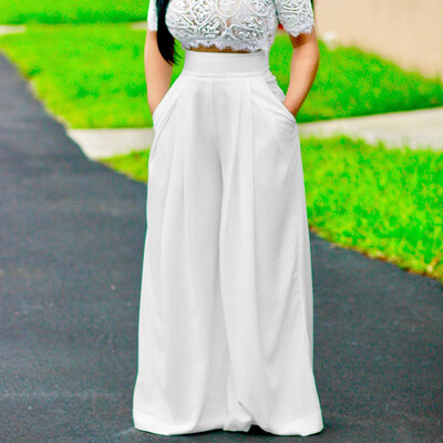 

Womens High Waist Fashion Solid Color Zipper Loose Wide Pants Long Trousers