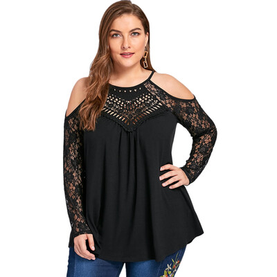 

Plus Size Lace Trim Cold Shoulder Top