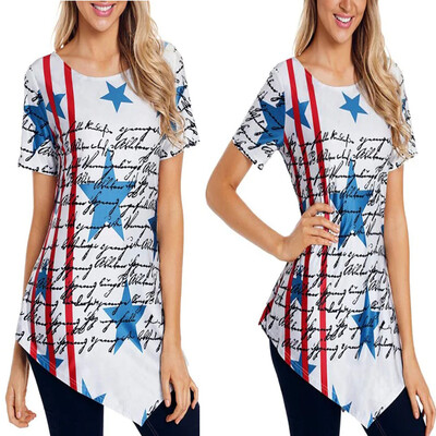 

Starmoon Summer New Women Asymmetric American Flag Tops Fashion Casual T-Shirts