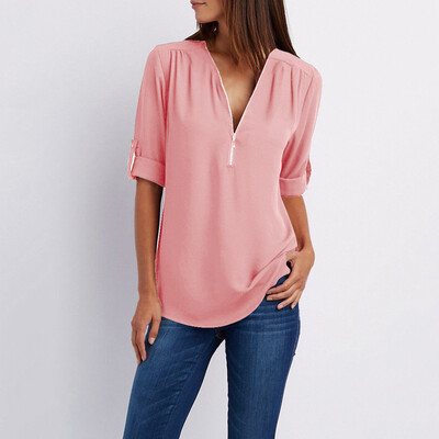

Roseonmyhand Women Ladies Zipper Button Long Sleeves Loose Chiffon Shirt Clothing