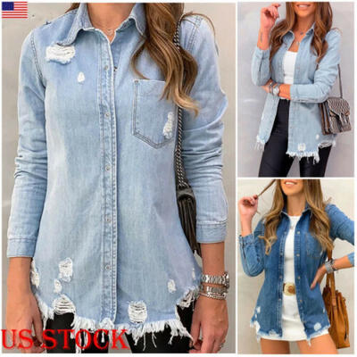 

Women Ladies Denim Oversize Casual Jeans Jackets Ripped Coats Plus Size US -XL