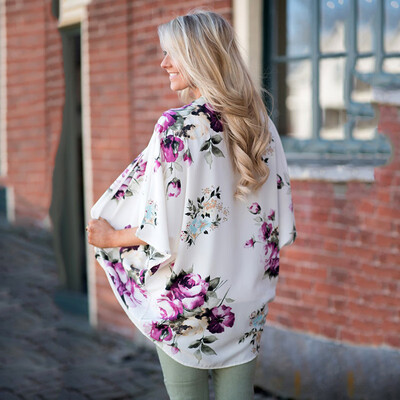 

New Women Chiffon Kimono Floral Print Casual Loose Cardigan Beach Cover-Up Outerwear White