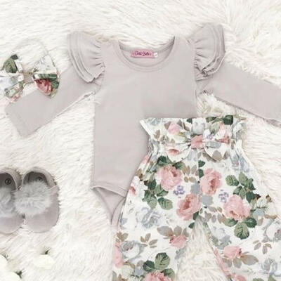 

USA 3pcs Toddler Newborn Baby Girl Solid Romper TopsPants Outfits Set Clothes