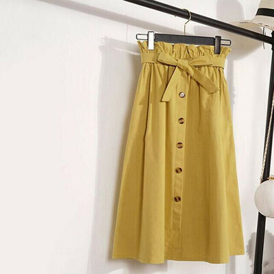 

Women Button Front Loose Swing Skirt Elastic High Waist Casual Midi Skirt Dress