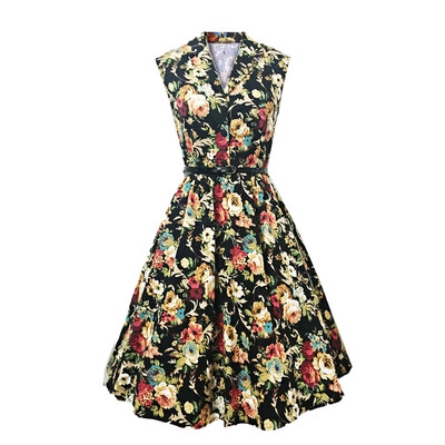 

Vintage Lapel Floral Print Belt A-line Dress for Women
