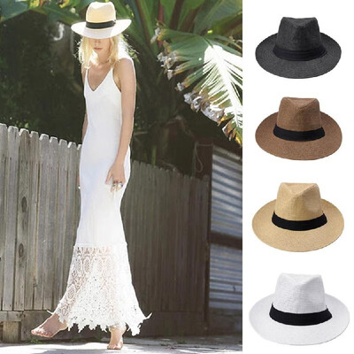 

Fashion Men Women Panama Sun Straw Hat Contrast Ribbon Pinched Crown Rolled Trim Beach Cap