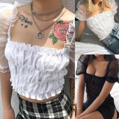 

UK Womens Girl Puff Sleeve Vintage Crop Top Blouse Shirt Summer Ladies T shirts
