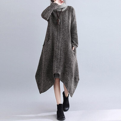 

Fashion Women Winter Solid Color Longline Coat O Neck Long Sleeve Zipper Pocket Irregular Hem Loose Casual Outerwear