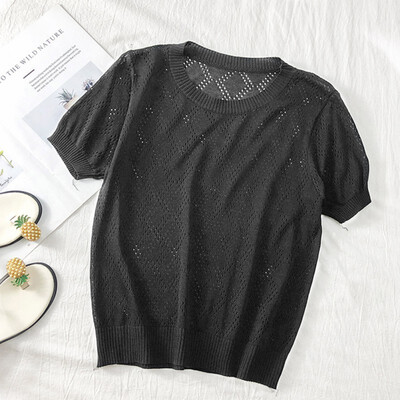 

Elegant Summer Autumn Woman T-Shirt Hollow Crochet Flower Thin Short-Sleeved Round Neck Pullover Knit Comfort T Shirt