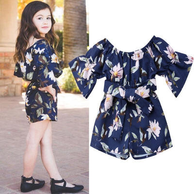 

Cute Flower print Kids Baby Girls Toddler newborn clothes Off-Shoulder bow Romper three quarters sleeve cotton summer Jumpsuit