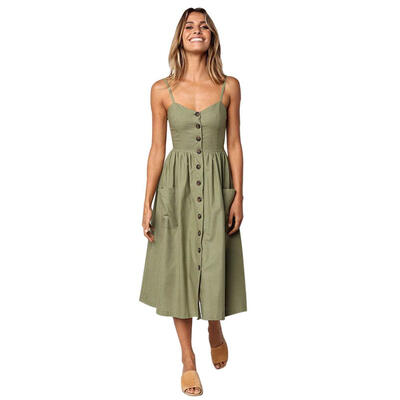 

Summer Women Casual Sexy Off Shoulder Single-breasted Spaghetti Strap Dress