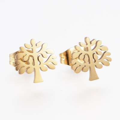 

304 Stainless Steel Stud Earrings Tree Golden 95x95x1mm Pin 08mm