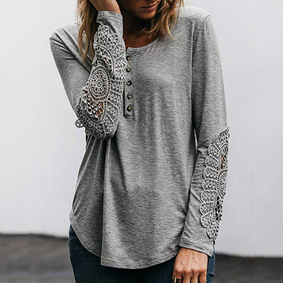 

Nomeni Womens Long Sleeve T Shirts Lace Patchwork Button Loose Shirts Tops Blouse BKL