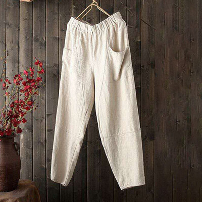 

Women Casual Cotton Linen Ruffle Waist Retro Wide Leg Pants Loose Trousers Haren