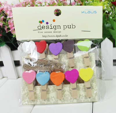 

FUNNYBUNNY 10PCSLot Fashion Mini Love Heart Wooden Cartoon Photo Clip Clamps Cute Paper Clips multi color to choose