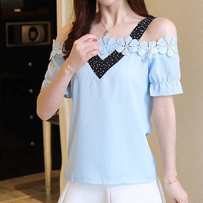 

Starmoon Women Casual Short Sleeve Slash Neck Lace Patchwork Crop Top