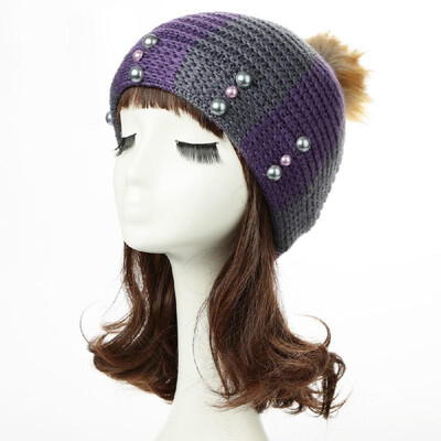 

New Women Winter Hat Beanie Knit Cap Contrast Stripe Pom Pom Bead Causal Slouchy Baggy Skullies