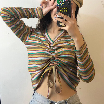

Sweater Women New Autumn Drawstring V-Neck Rainbow Ruched Knitted Pullover Female Sweaters Knit Jumper Pullovers