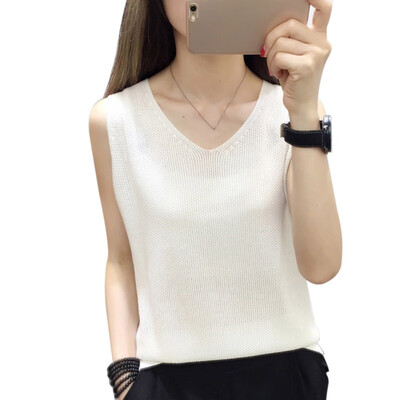 

Womens Fashion V Neck Shirts Sleeveless Solid Knitted Loose Tank Top Fitting Tee Tops