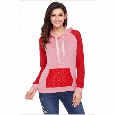 

Long-sleeved coral lace two-tone hooded casual daily sweatshirt