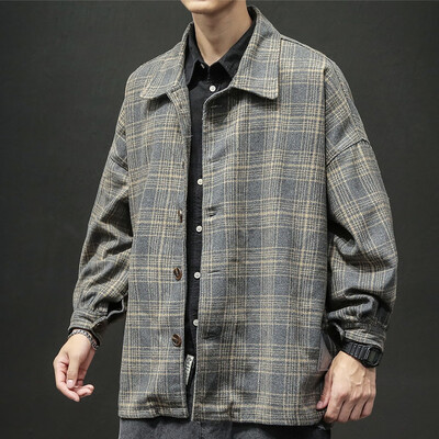 

Toponeto Mens New Winter Style Retro Checked Blouse Large Checked Sweater Coat Blouse