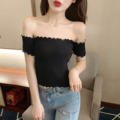 

Womens Slash Neck Solid Short Sleeve Knitted Ruffles T-Shirt