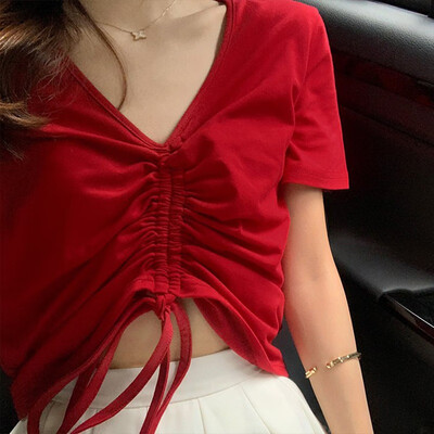 

Sexy V Neck Cropped Tank Tops Women Drawstring Tie Up Front Camis Candy Colors Streetwear Loose Crop Top