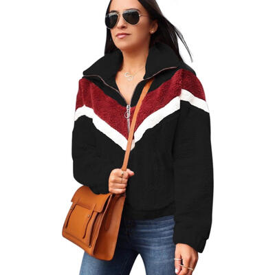 

Women Patchwork Autumn Winter Ladies Zipper Polar-Fleece Coats Outerwear