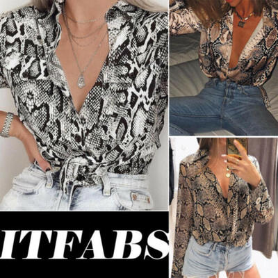 

CA Women Snake Long Sleeve V-neck Loose Top T Shirt Ladies Casual Button Blouse