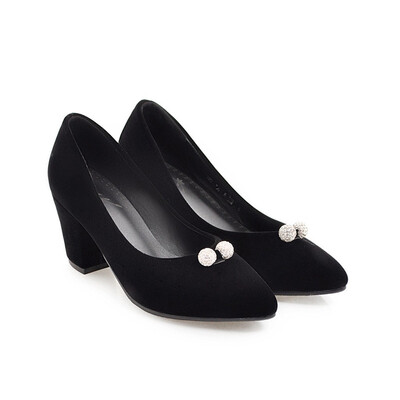 

IDIFU Womens Comfy Pointed Toe Pump - Velvet Low Cut Solid Color - Slip on Block High Heels Work Shoes