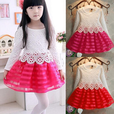 

Spring Baby Girls Children Cute Crochet Lace Long Sleeve Dress 2 color 3-9Years