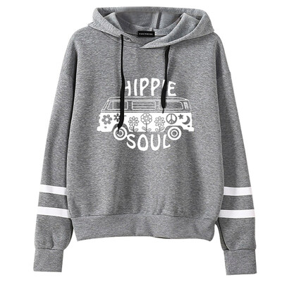 

Queenromen Unisex Hippie Soul Bus Peace Flower Women Hoodie Striped Sleeve Jumper Pullovers Hippy Gift Sweatshirt