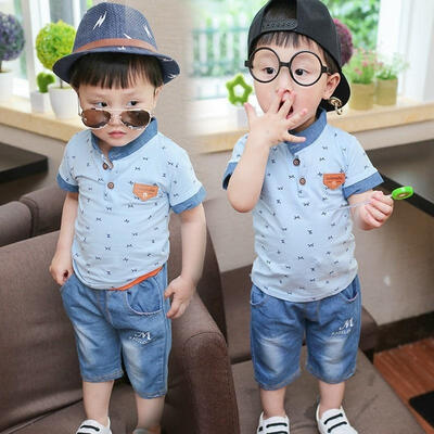 

Toddler Baby Kids Boys Summer Set Cotton Short Jeans Shirt 2PCS Clothing