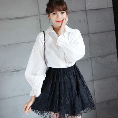 

Womens Casual Long Puff Sleeve Blouse Button Down Shirt Work OL White Shirts