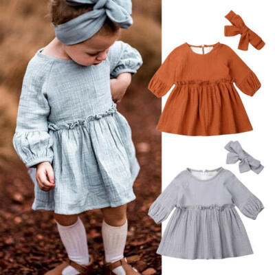 

Baby Kids Girl Clothes Long Sleeve Dress Skirt Sundress Cotton Linen Clothes Set