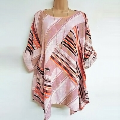 

Nomeni Plus Size Women Short Sleeve O-neck Stripe Printing T-Shirts Tops Blouses