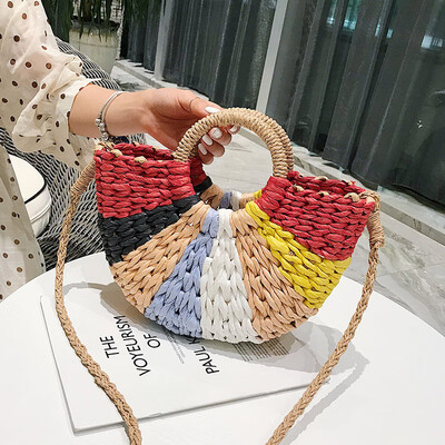 

2019 New Colorful Women Summer Beach Bag Fashion MOON Straw Handbags Rattan Bag Handmade Vintage Woven Bali Handbag For Female
