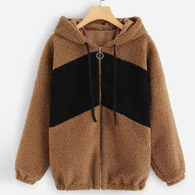 

Roseonmyhand Women Casual Long Sleeve Fleece Hooded Zipper Patchwork Loose Jacket Coat