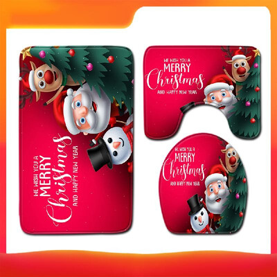 

4PcsSet Christmas Style Santa Claus Printed Pattern Water-resistant Shower Curtain Pedestal Rug Lid Toilet Cover Mat Non-slip Bat
