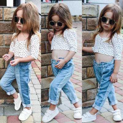 

US Toddler Kids Baby Girl Tops T-Shirt Denim Pants Jeans Outfits Clothes Summer