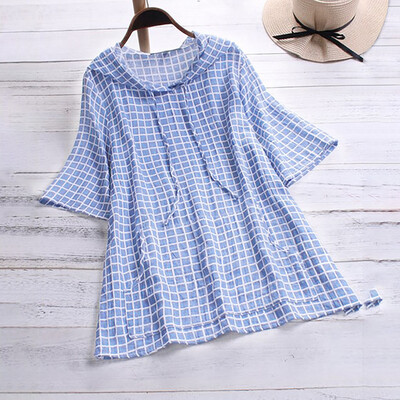 

Starmoon Fashion women Casual Half Sleeve Hoodie Drawstring Plaid Tops Blouse