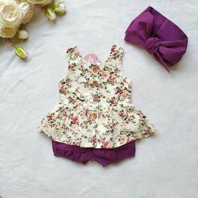 

3Pcs Kid Baby Girl Tops Flower Skirt PP Pants Headband Sunsuit Outfit Sets 0-24M