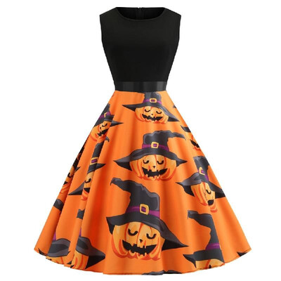

Cross-border retro womens Halloween round neck sleeveless contrast color stitching ribbon waist pumpkin head print big swing skir
