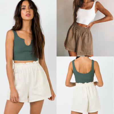 

Women Summer High Waist Linen Blend Beach Pants Hot Casual Short Shorts Pants