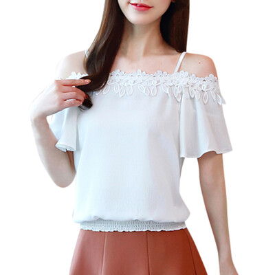 

Starmoon Women Casual Short Sleeve Slash Neck Lace Patchwork Crop Top