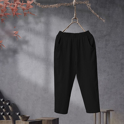 

Womens Solid Color Elastic Waist Cotton Linen Pants Loose Casual Harem Trousers