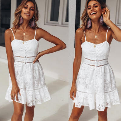 

Women Hot Boho Lace Chiffon Summer Party Evening Beach Short Mini Dress Sundress